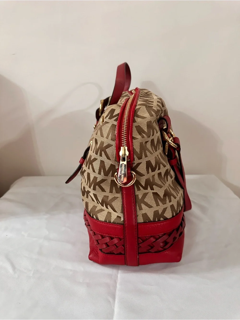 Michael Kors Beige MK Monogram Satchel with Red Trim